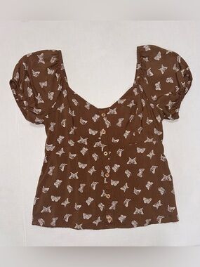 Brown Butterfly Print Puff Sleeve Baby Doll Top Hollister M Breezy Milkmaid
